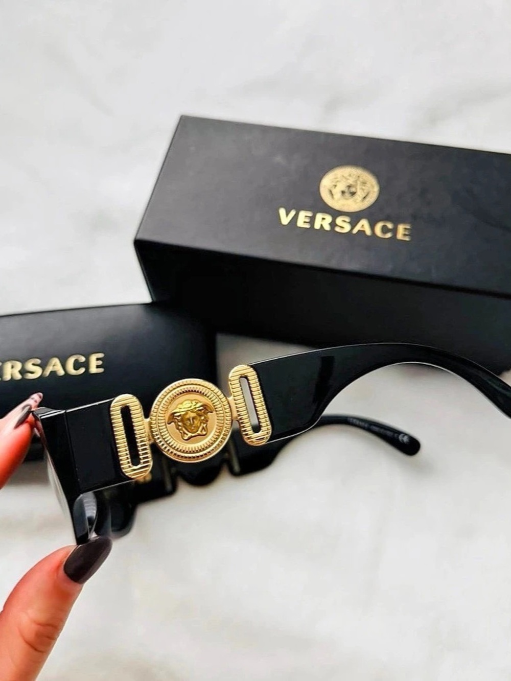 Versace Medusa Plaque Rectangular Sunglasses Black & Gold